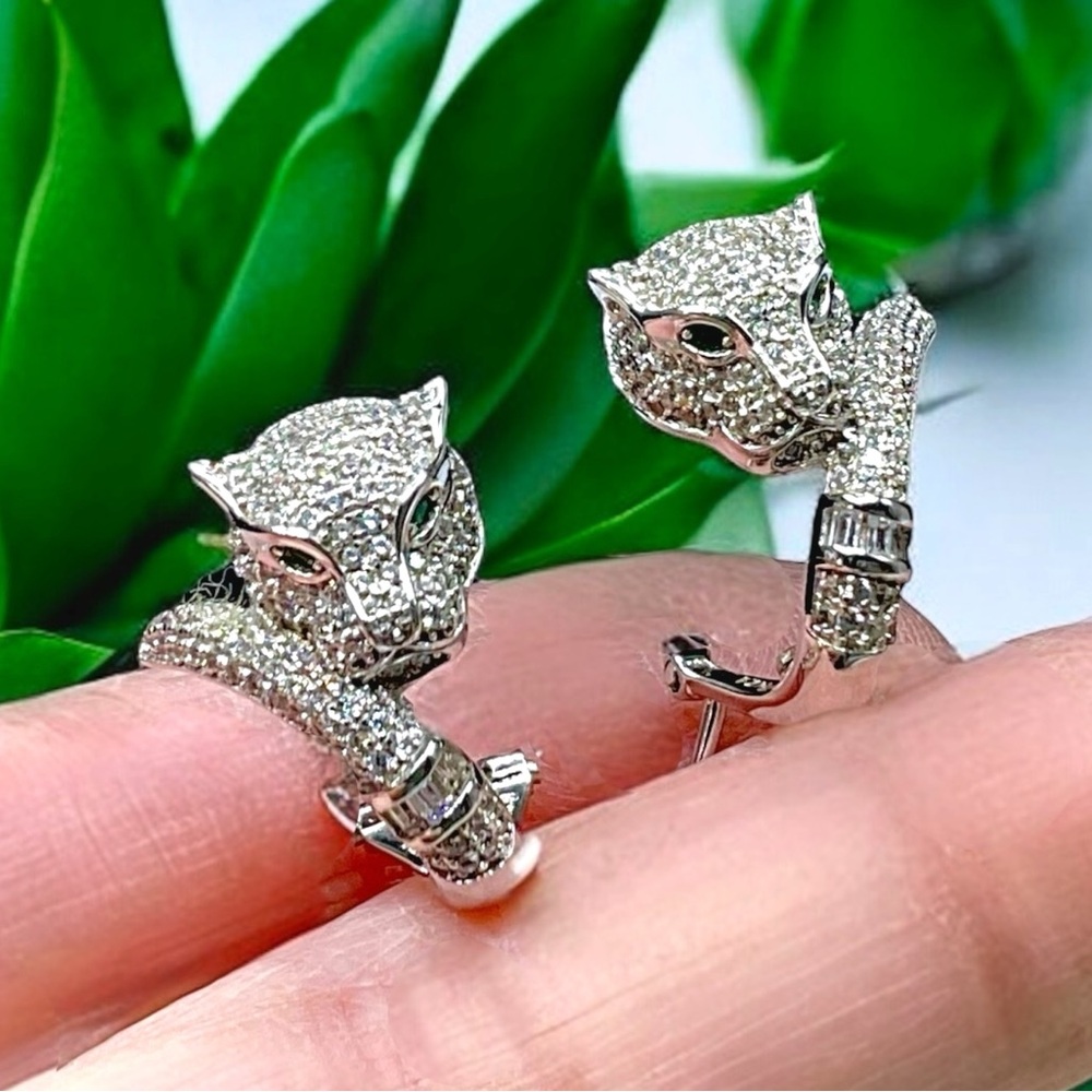 🌺Sterling Jaguar Wild Cat Pave Earrings